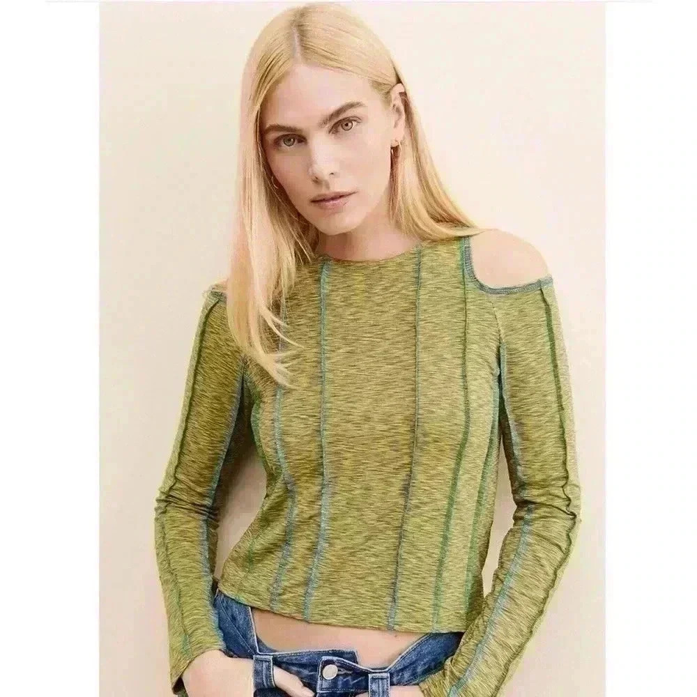 Anthropologie Hosbjerg Dafnie Long Sleeve Mustard Cold Shoulder Top Size Large